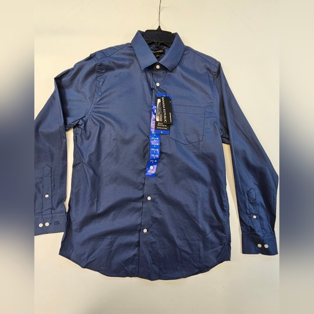 NWT Banana Republic Men's Dark Blue Non-Iron Slim Fit Button Up Shirt Size 17.5